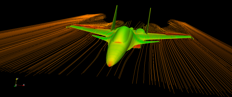 Streamlines curl down stream of the aircraft.
